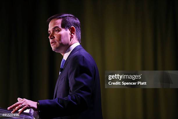 Republican presidential candidate, Sen. Marco Rubio speaks at Civic Hall about the "sharing economy" on October 6, 2015 in New York City. Rubio, who...