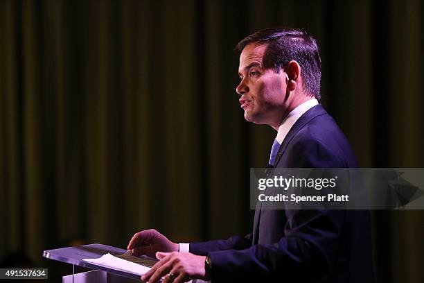 Republican presidential candidate, Sen. Marco Rubio speaks at Civic Hall about the "sharing economy" on October 6, 2015 in New York City. Rubio, who...