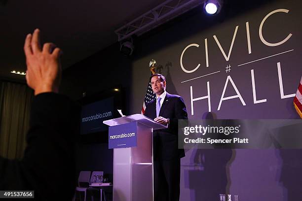 Republican presidential candidate, Sen. Marco Rubio speaks at Civic Hall about the "sharing economy" on October 6, 2015 in New York City. Rubio, who...