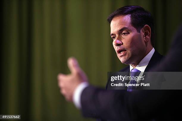 Republican presidential candidate, Sen. Marco Rubio speaks at Civic Hall about the "sharing economy" on October 6, 2015 in New York City. Rubio, who...