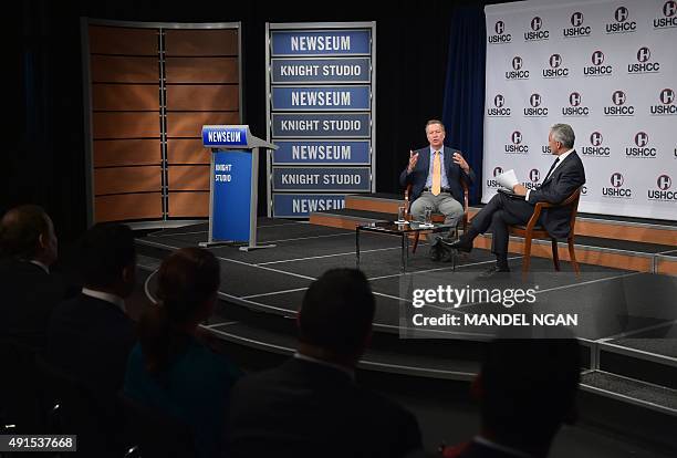 Republican president hopeful Ohio Governor John Kasich speaks during a question and answer session with the US Hispanic Chamber of Commerce President...