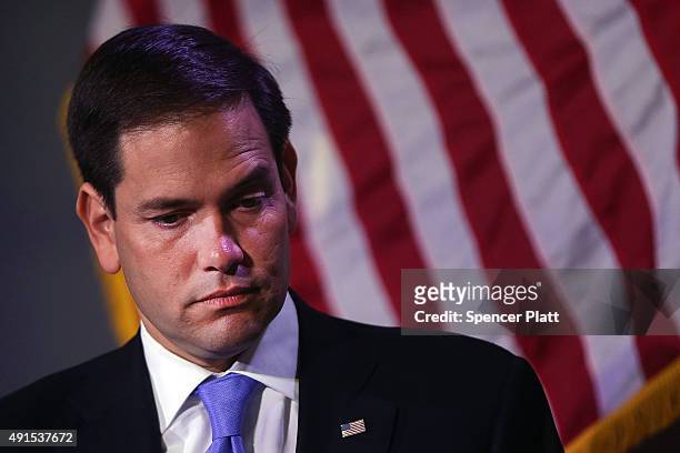 Republican presidential candidate, Sen. Marco Rubio speaks at Civic Hall about the "sharing economy" on October 6, 2015 in New York City. Rubio, who...