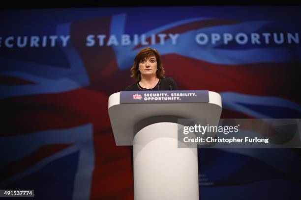 Education Secretary Nicky Morgan delivers her keynote speech to delegates during the Conservative Party Conference on October 6, 2015 in Manchester,...