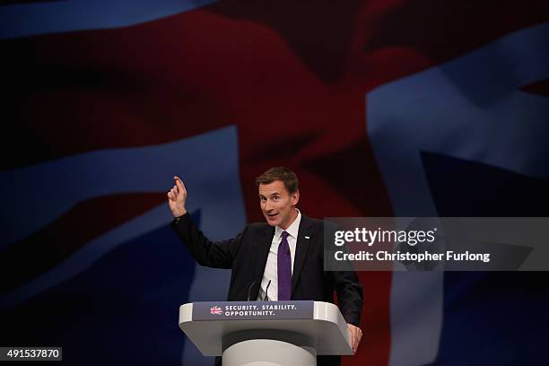 Health Secretary Jeremy Hunt delivers his keynote speech to delegates during the Conservative Party Conference on October 6, 2015 in Manchester,...