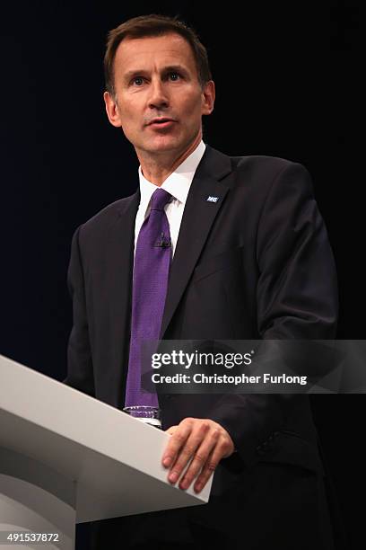 Health Secretary Jeremy Hunt delivers his keynote speech to delegates during the Conservative Party Conference on October 6, 2015 in Manchester,...