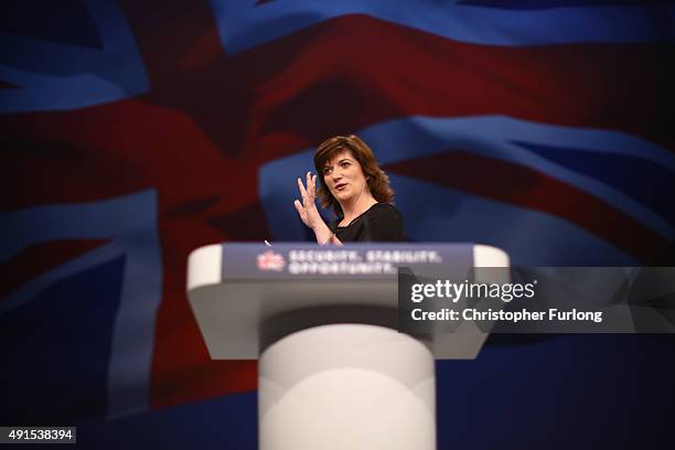 Education Secretary Nicky Morgan leaves the stage after delivering her keynote speech to delegates during the Conservative Party Conference on...