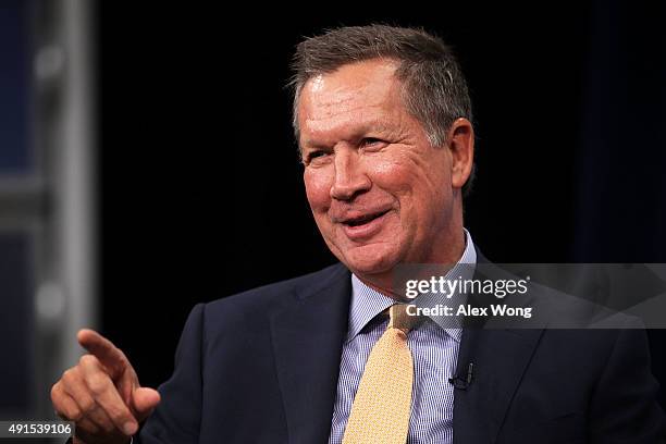 Republican U.S. Presidential hopeful and Ohio Governor John Kasich speaks as he participates in a discussion with Javier Palomarez, president & CEO...