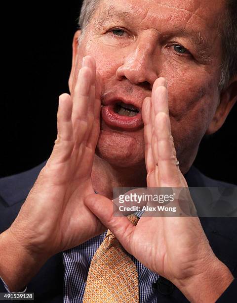 Republican U.S. Presidential hopeful and Ohio Governor John Kasich speaks as he participates in a discussion with Javier Palomarez, president & CEO...
