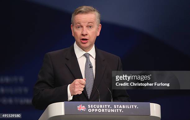Justice Secretary Michael Gove addresses delegates on the third day of the annual Conservative party on October 6, 2015 in Manchester, England. Home...