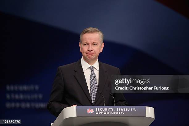 Justice Secretary Michael Gove addresses delegates on the third day of the annual Conservative party on October 6, 2015 in Manchester, England. Home...