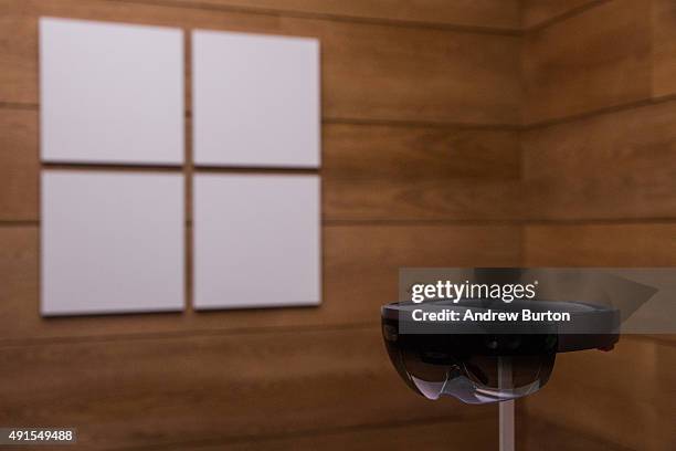 New virtual reality gaming head set titled the Microsoft HoloLens sit on display at a media event for new Microsoft products on October 6, 2015 in...