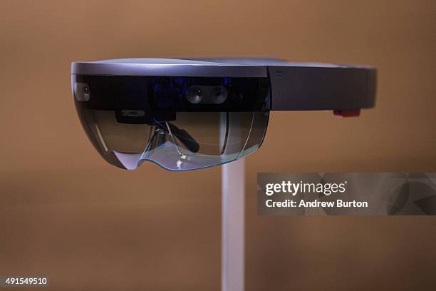 New virtual reality gaming head set titled the Microsoft HoloLens sit on display at a media event for new Microsoft products on October 6, 2015 in...