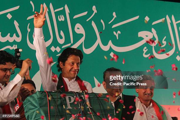 The Pakistani opposition leader Imran Khan, head of opposition party Pakistan Tehreek-e-Insaf speaks during the election campaign for the lower house...