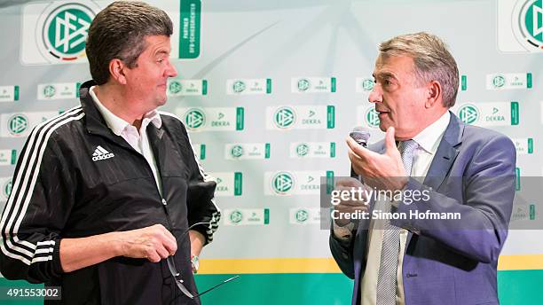 President Wolfgang Niersbach and Herbert Fandel hold a speech during the Referee Of The Year Awarding Ceremony at Favorite Parkhotel on October 6,...