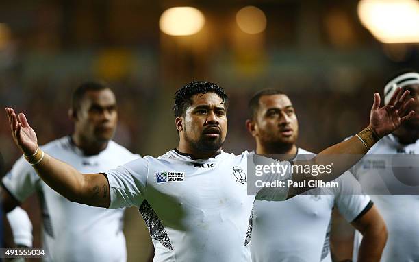 Campese Ma'afu of Fiji reacts as he waits for a TMO decision during the 2015 Rugby World Cup Pool A match between Fiji and Uruguay at Stadium mk on...