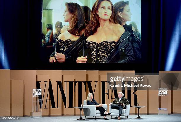 Photographer Annie Leibovitz and Vanity Fair Editor-in-Chief Graydon Carter speak onstage during "A Picture Is Worth ?" at the Vanity Fair New...