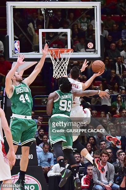 Boston Celtic forward Jae Crowder fights for the ball with Emporio Armani Milano guard Alessandro Gentile during their NBA Gloabal Games match...