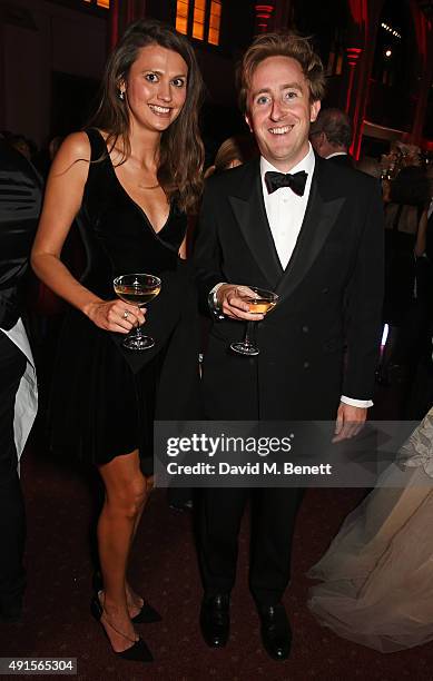 Olivia Cole and James Rivett attend a cocktail reception at the BFI Luminous Fundraising Gala in partnership with IWC and crystals by Swarovski at...