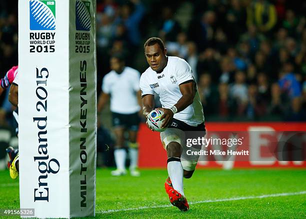 Leone Nakarawa of Fiji scores their fourth try during the 2015 Rugby World Cup Pool A match between Fiji and Uruguay at Stadium mk on October 6, 2015...