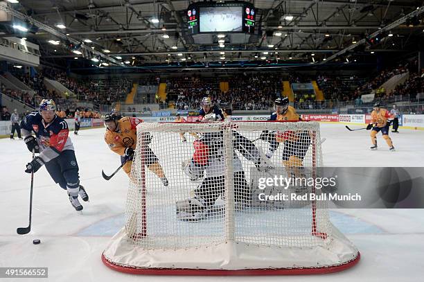 Ulrich Maurer of Red Bull Munich, Aaron Gagnon of Lukko Rauma, Danny Aus Den Birken of Red Bull Munich and Kelly Zajac of Lukko Rauma during the...