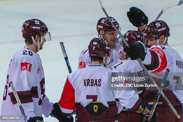 Sparta Prague celebrate during the Champions Hockey League round of thirty-two game between ZSC Lions Zurich and Sparta Prague at Hallenstadion on...