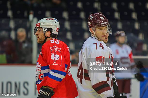 Morris Trachsler of ZSC Lions Zurich and Daniel Pribyl of Sparta Pragueduring the Champions Hockey League round of thirty-two game between ZSC Lions...