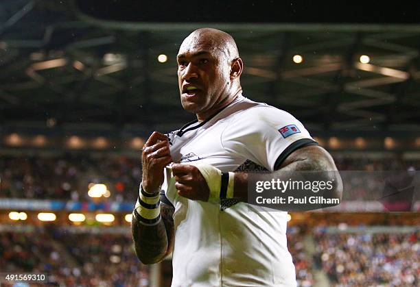 Nemani Nadolo of Fiji celebrates as he scores their seventh try during the 2015 Rugby World Cup Pool A match between Fiji and Uruguay at Stadium mk...