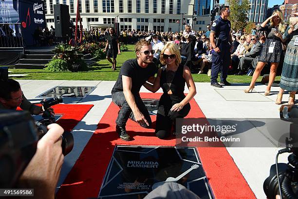 Dierks Bentley and Miranda Lambert attend an event for the induction of Miranda Lambert, Steve Cropper, E.W. "Bud" Wendell and Johnny Cash at the...