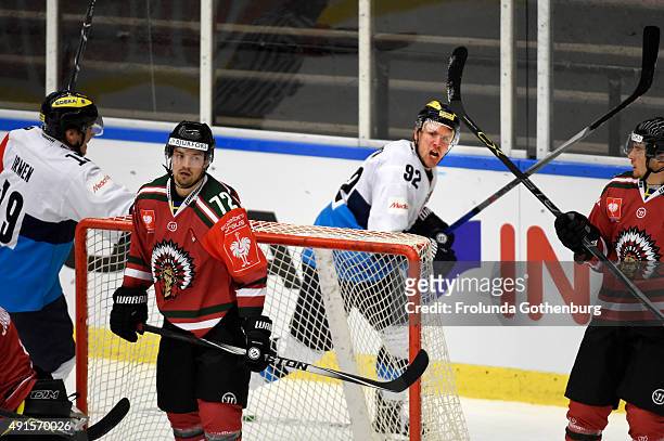 Alexander Barta of ERC Ingolstadt celebrates a goal during the Champions Hockey League round of thirty-two game between Frolunda Gothenburg and ERC...
