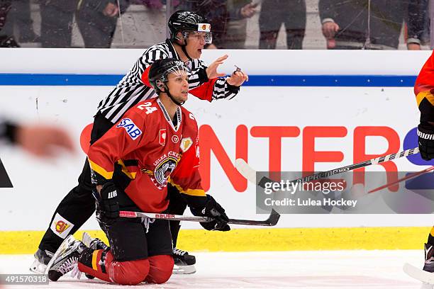 Johan Harju of Lulea Hockey down on his knees during the Champions Hockey League round of thirty-two game between Lulea Hockey and Farjestad Karlstad...