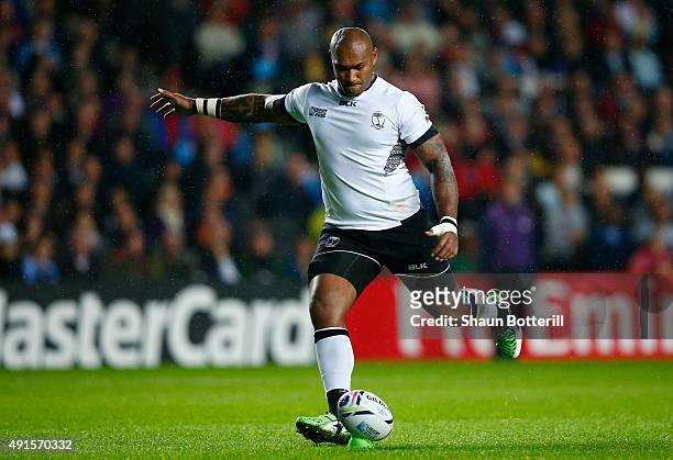 Nemani Nadolo of Fiji kicks a conversion during the 2015 Rugby World Cup Pool A match between Fiji and Uruguay at Stadium mk on October 6, 2015 in...