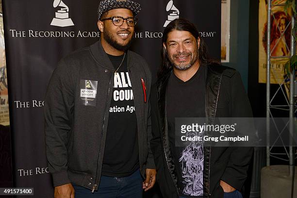 Kameron Whalum and Robert Trujillo attend a screening and Q&A for the documentary "Jaco" at Malco's Studio on the Square on October 5, 2015 in...