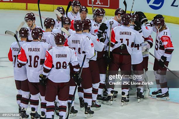 Sparta Prague celebrate their 3-0 win over the ZSC Lions in the Champions Hockey League round of thirty-two game between ZSC Lions Zurich and Sparta...