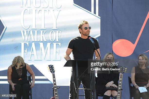 Dierks Bentley talks about Miranda Lambert at Nashville Music City Walk of Fame on October 6, 2015 in Nashville, Tennessee.