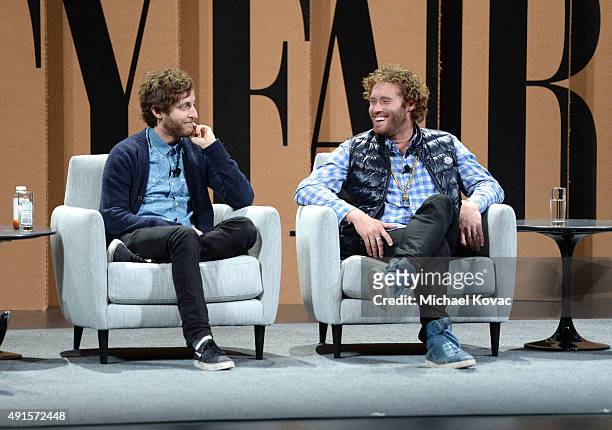 Actors Thomas Middleditch and T. J. Miller speak onstage during "Silicon Valley Vs. Silicon ValleyInside HBOs Hit Show" at the Vanity Fair New...