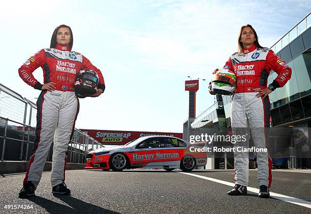 Simona De Silvestro and Renee Gracie drivers of Harvey Norman Supergirls Falcon, pose for a portrait session ahead of the Bathurst 1000, which is...