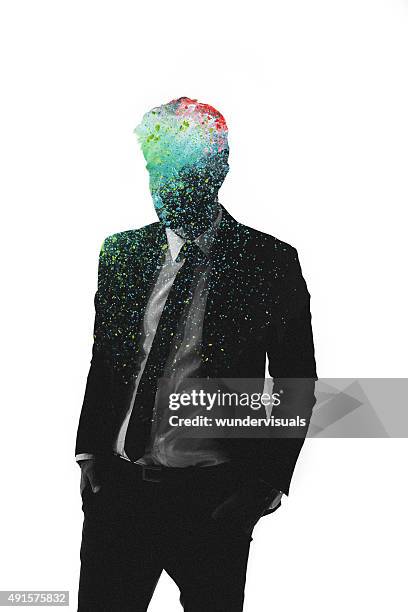 graphic representation of man with artistic colours in his head - flerfärgad kostym bildbanksfoton och bilder