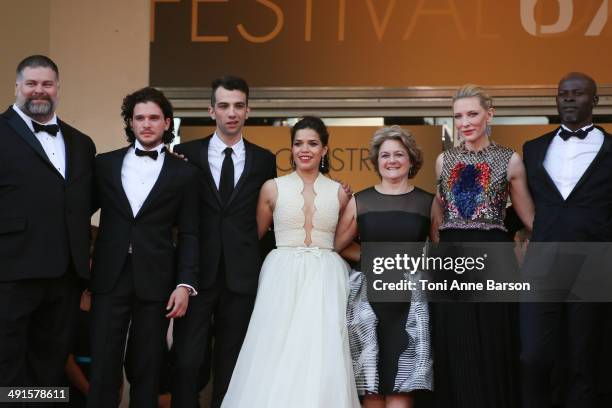 Dean DeBlois, Kit Harington, Jay Baruchel, America Ferrera, Bonnie Arnold, Cate Blanchett and Djimon Hounsou attend the "How To Train Your Dragon 2"...