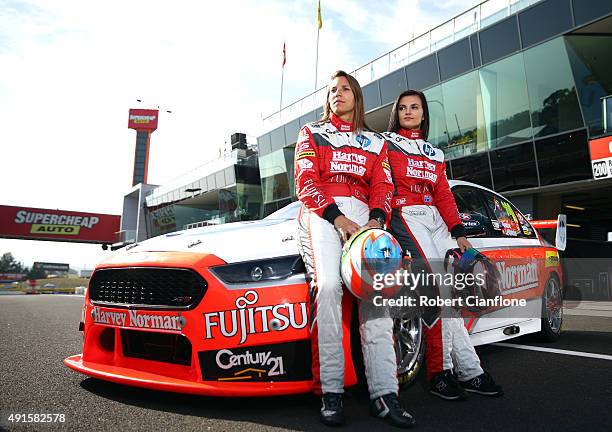 Simona De Silvestro and Renee Gracie drivers of Harvey Norman Supergirls Falcon, pose for a portrait session ahead of the Bathurst 1000, which is...