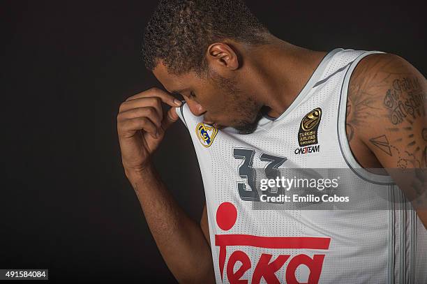 Trey Thompinks of Real Madrid poses during the 2015/2016 Turkish Airlines Euroleague Basketball Media Day at Polideportivo Valle de Las Casas on...