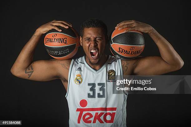 Trey Thompinks of Real Madrid poses during the 2015/2016 Turkish Airlines Euroleague Basketball Media Day at Polideportivo Valle de Las Casas on...