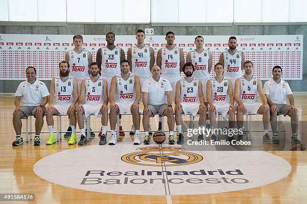 Players of Real Madrid poses during the 2015/2016 Turkish Airlines Euroleague Basketball Media Day at Polideportivo Valle de Las Casas on October 6,...