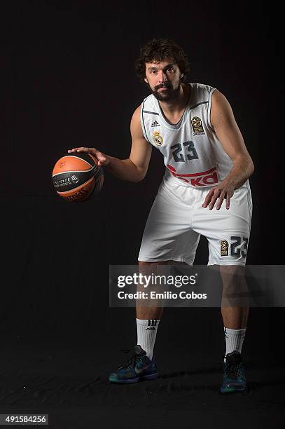 Sergio Llull of Real Madrid poses during the 2015/2016 Turkish Airlines Euroleague Basketball Media Day at Polideportivo Valle de Las Casas on...