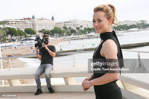 Karine Vanasse attends 'Blue Moon' photocall on La Croisette on October 6, 2015 in Cannes, France.