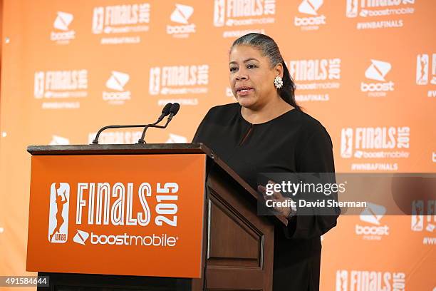 President Laurel Richie addresses the media before Game Two of the 2015 WNBA Finals between the Indiana Fever and the Minnesota Lynx on October 6,...