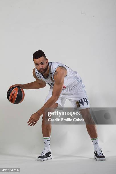 Jeffery Taylor of Real Madrid poses during the 2015/2016 Turkish Airlines Euroleague Basketball Media Day at Polideportivo Valle de Las Casas on...