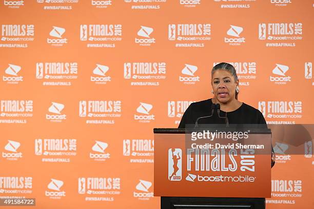 President Laurel Richie addresses the media before Game Two of the 2015 WNBA Finals between the Indiana Fever and the Minnesota Lynx on October 6,...