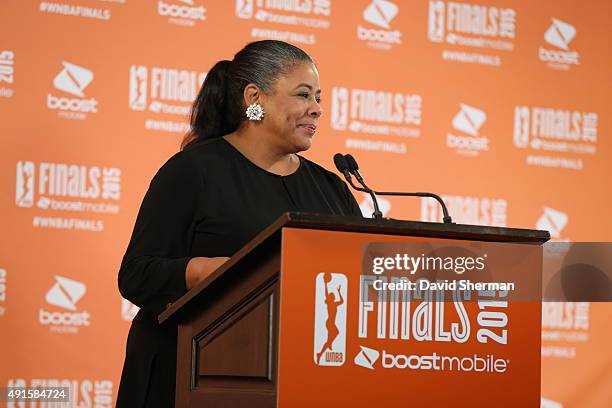 President Laurel Richie addresses the media before Game Two of the 2015 WNBA Finals between the Indiana Fever and the Minnesota Lynx on October 6,...