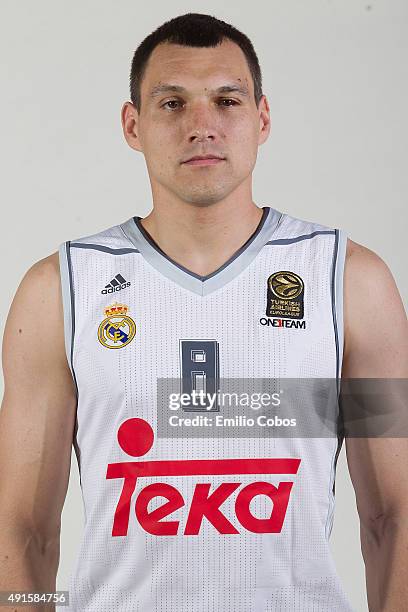 Jonas Maciulis of Real Madrid poses during the 2015/2016 Turkish Airlines Euroleague Basketball Media Day at Polideportivo Valle de Las Casas on...