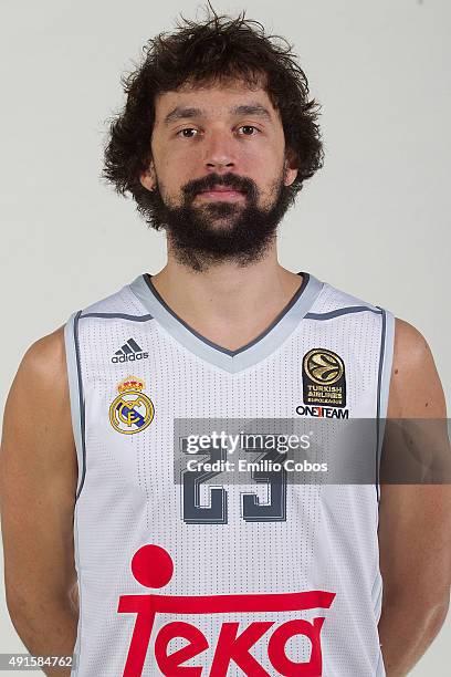 Sergio Llull of Real Madrid poses during the 2015/2016 Turkish Airlines Euroleague Basketball Media Day at Polideportivo Valle de Las Casas on...